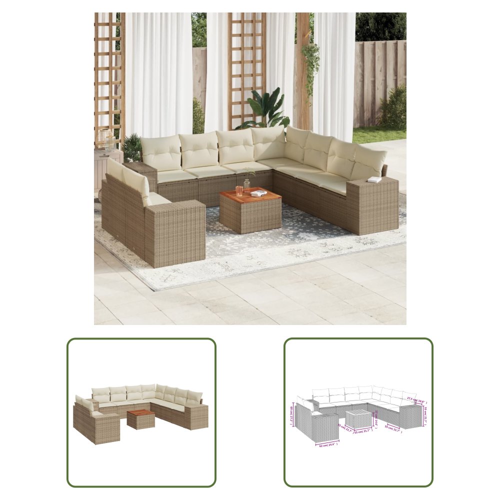 The Living Store 10-cz. zestaw mebli ogrodowych z poduszkami - beżowy - polirattan - Sofa Ogrodowa