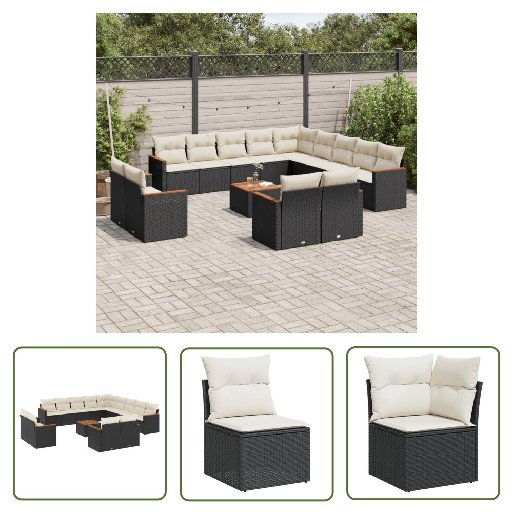 The Living Store 14-cz. zestaw wypoczynkowy do ogrodu - poduszki czarny rattan PE - Sofa Ogrodowa