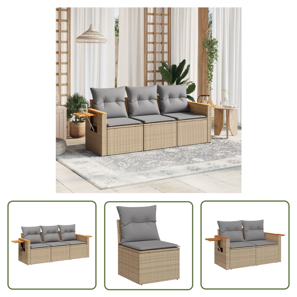 The Living Store 3-cz. zestaw mebli ogrodowych z poduszkami - beżowy - polirattan - Sofa Ogrodowa