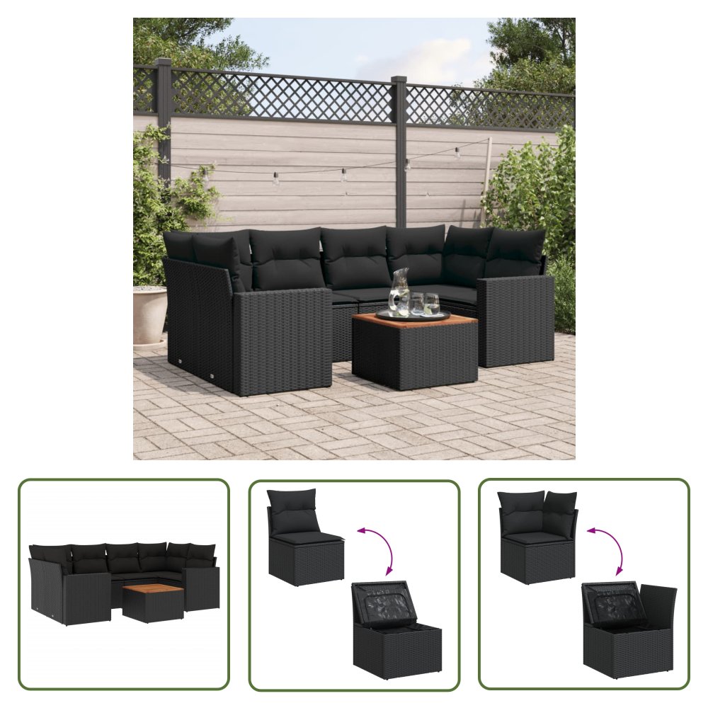 The Living Store 7-cz. zestaw wypoczynkowy do ogrodu - z poduszkami - czarny - Sofa Ogrodowa