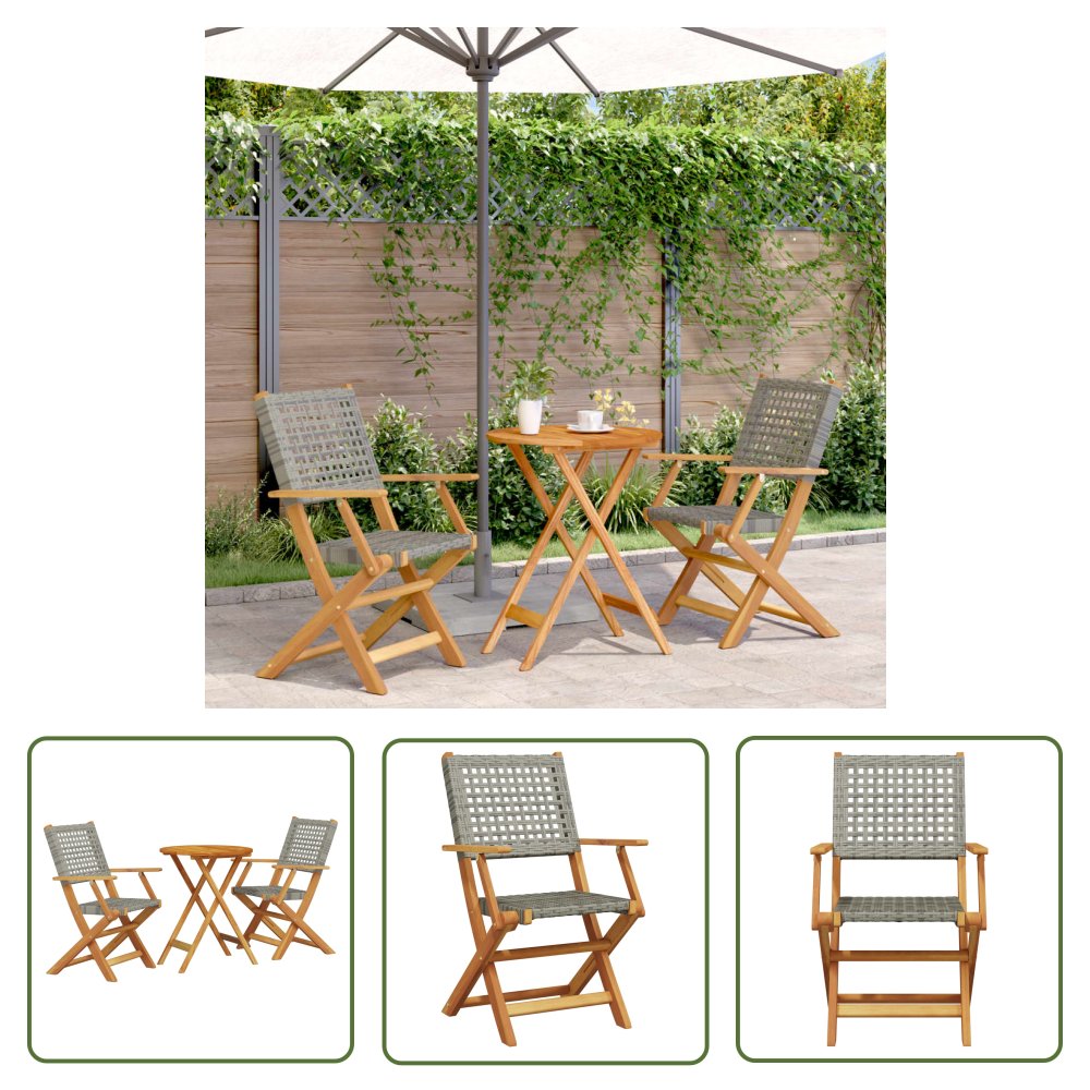 The Living Store 3-cz. zestaw mebli bistro - szary rattan PE i drewno - Zestaw Mebli Bistro