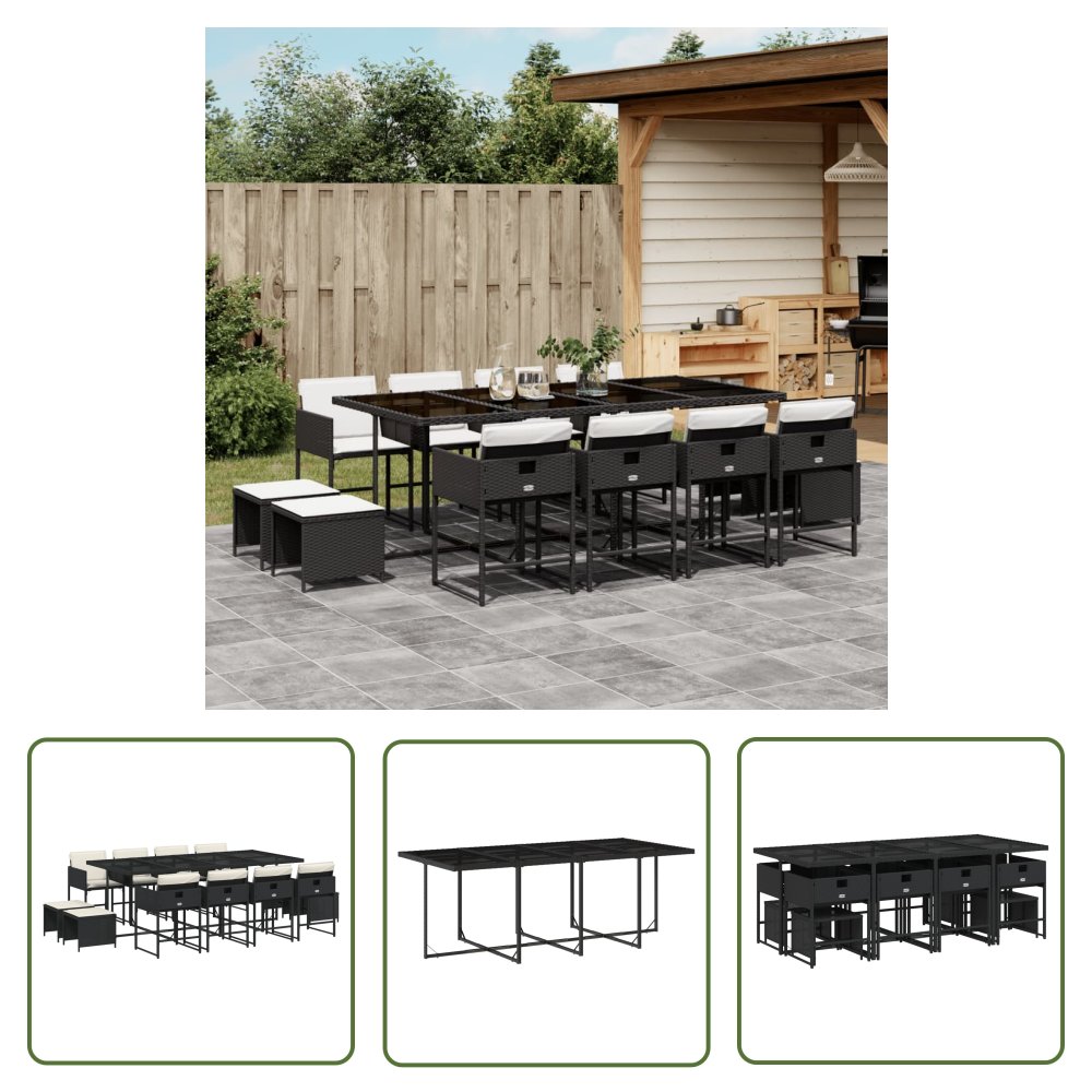 The Living Store 13-cz. zestaw mebli do ogrodu - poduszki - czarny - rattan PE - Meble Ogrodowe