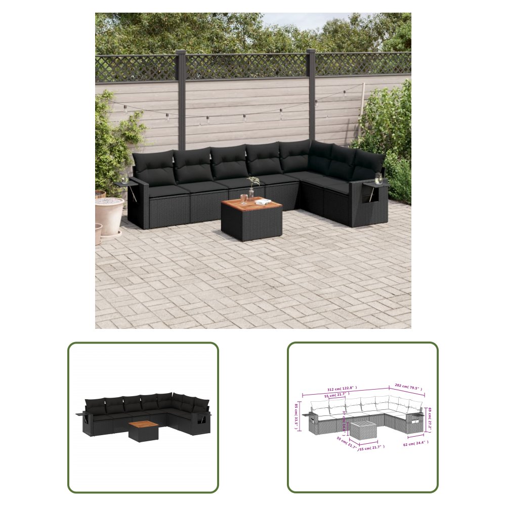 The Living Store 8-cz. zestaw wypoczynkowy do ogrodu - z poduszkami - czarny - Sofa Ogrodowa