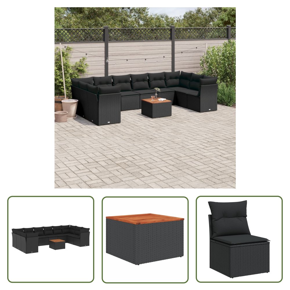 The Living Store 11-cz. zestaw wypoczynkowy do ogrodu - poduszki czarny rattan PE - Sofa Ogrodowa