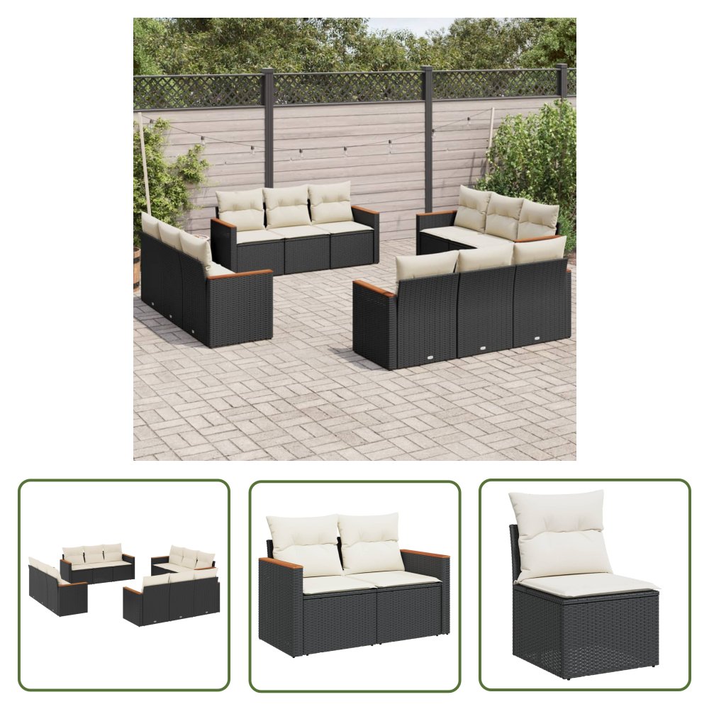 The Living Store 12-cz. zestaw mebli do ogrodu - z poduszkami - czarny - polirattan - Sofa Ogrodowa
