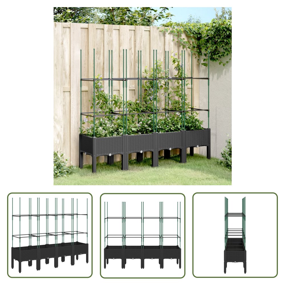 The Living Store Donica ogrodowa z kratką - czarna - 160x40x142 -5 cm - PP - Skrzynia Na Rośliny