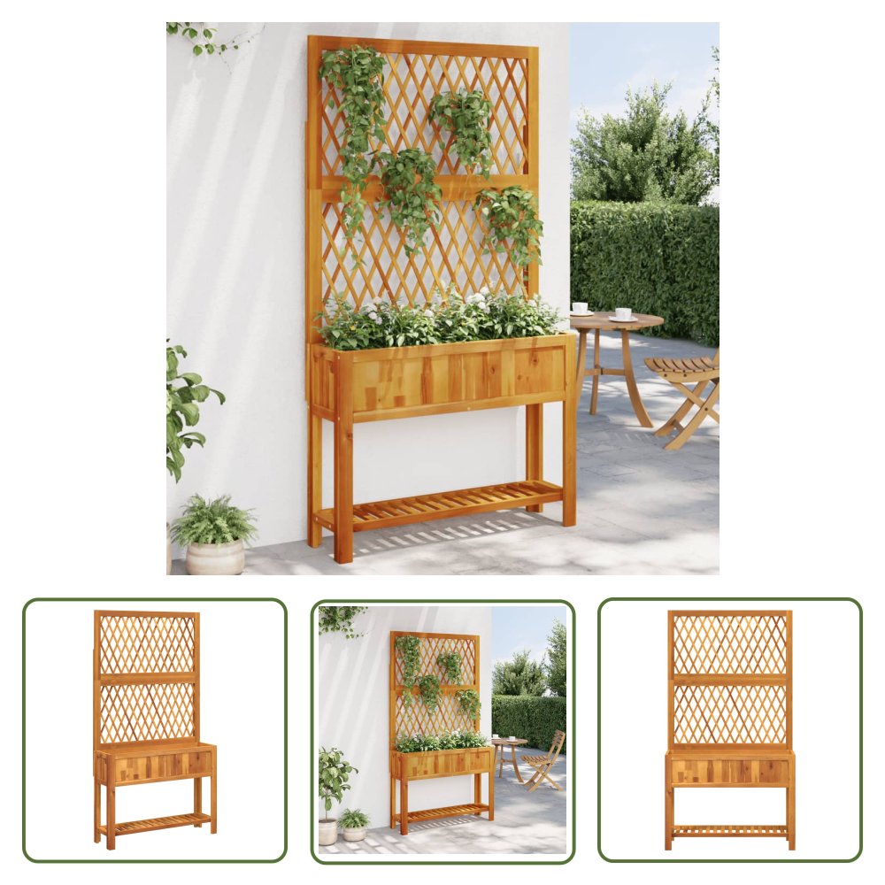 The Living Store Donica z trejażem i półką - 100x32x185 cm - lite drewno akacjowe - Skrzynia Na Rośliny