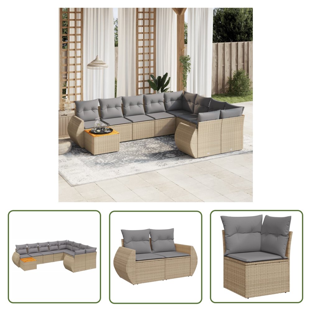 The Living Store 10-cz. zestaw mebli ogrodowych z poduszkami - beżowy - polirattan - Sofa Ogrodowa
