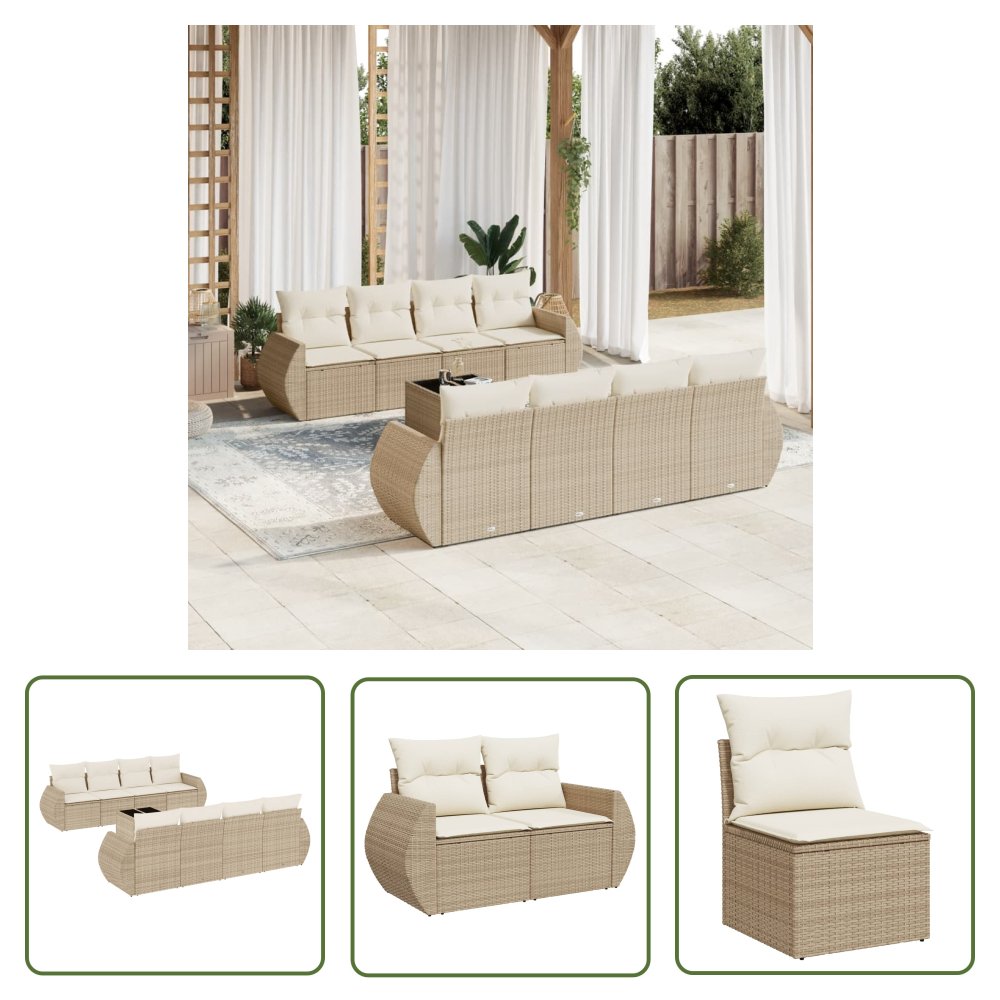 The Living Store 9-cz. zestaw mebli ogrodowych z poduszkami - beżowy - polirattan - Sofa Ogrodowa