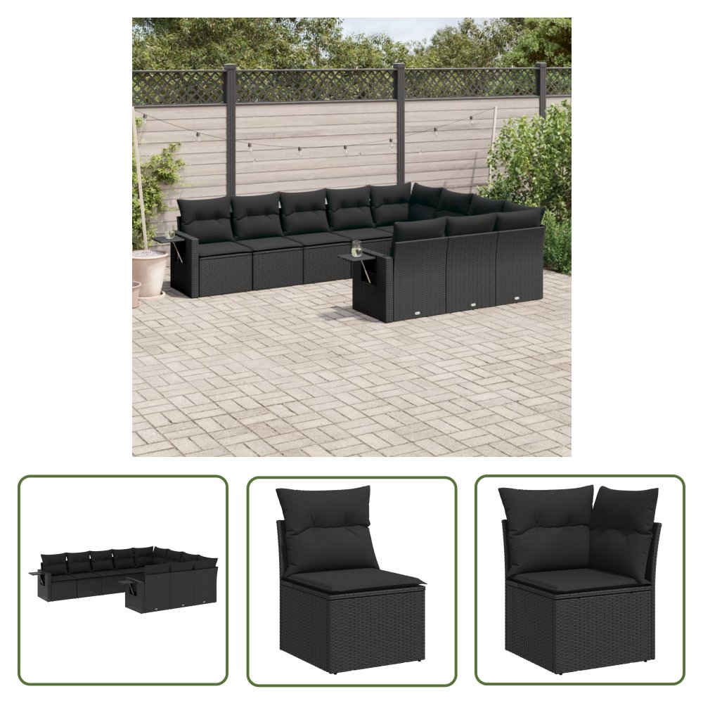 The Living Store 10-cz. zestaw wypoczynkowy do ogrodu - poduszki czarny rattan PE - Sofa Ogrodowa