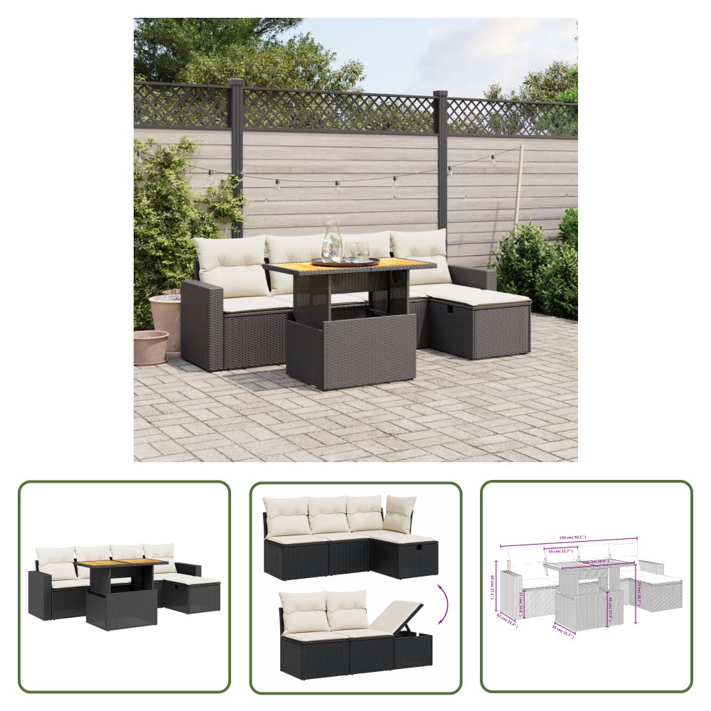 The Living Store 6-cz. zestaw mebli ogrodowych z poduszkami - czarny polirattan - Sofa Ogrodowa