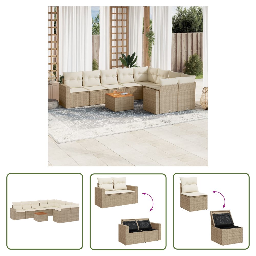 The Living Store 10-cz. zestaw mebli ogrodowych z poduszkami - beżowy - polirattan - Sofa Ogrodowa
