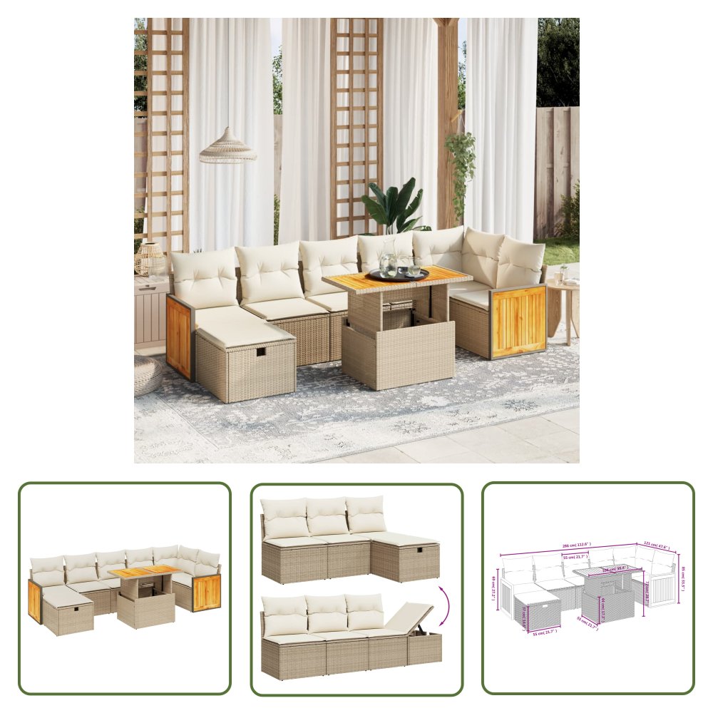The Living Store 8-cz. zestaw mebli ogrodowych z poduszkami - beżowy - polirattan - Sofa Ogrodowa