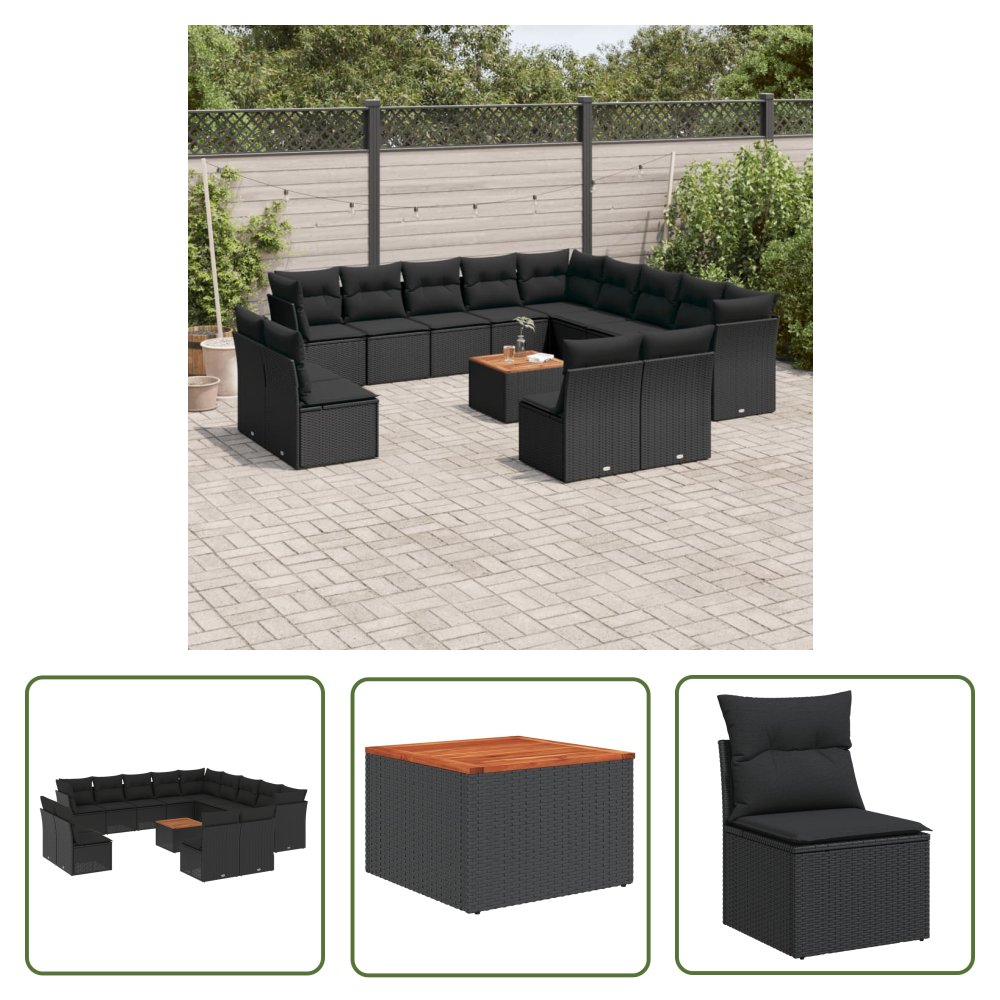 The Living Store 14-cz. zestaw wypoczynkowy do ogrodu - poduszki czarny rattan PE - Sofa Ogrodowa