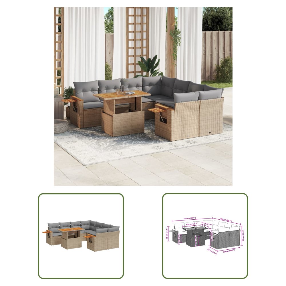 The Living Store 9-cz. zestaw mebli ogrodowych z poduszkami - beżowy - polirattan - Sofa Ogrodowa