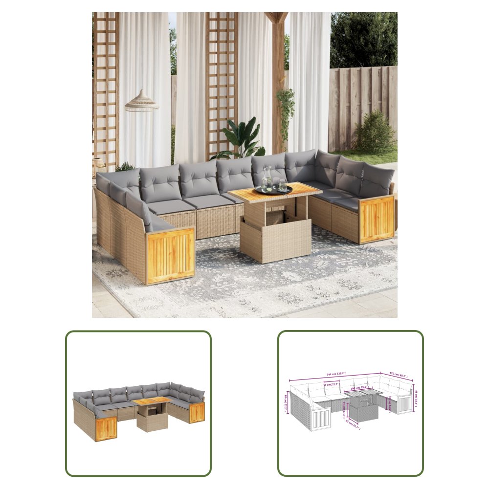 The Living Store 11-cz. zestaw mebli ogrodowych z poduszkami - beżowy - polirattan - Sofa Ogrodowa