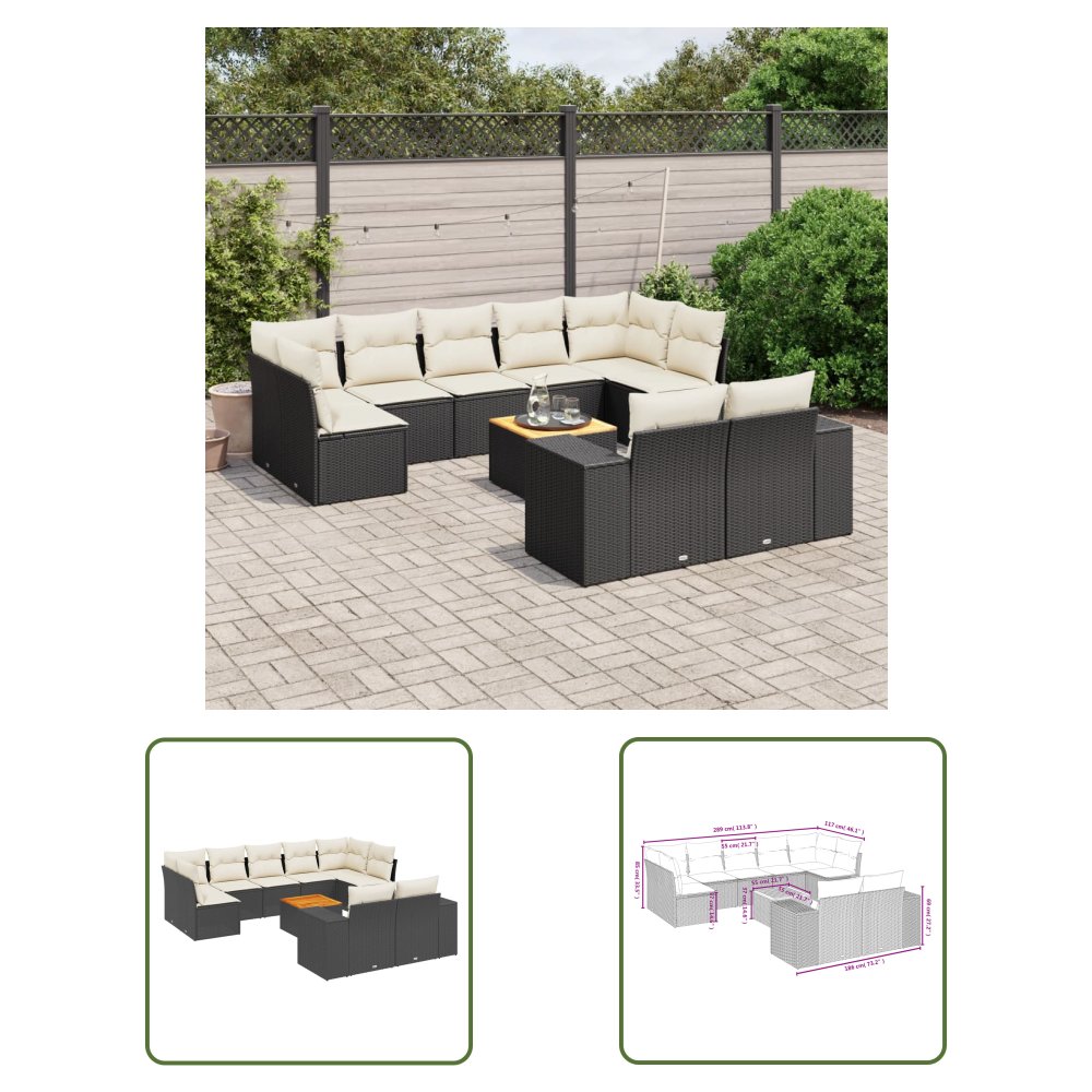 The Living Store 10-cz. zestaw wypoczynkowy do ogrodu - poduszki czarny rattan PE - Sofa Ogrodowa