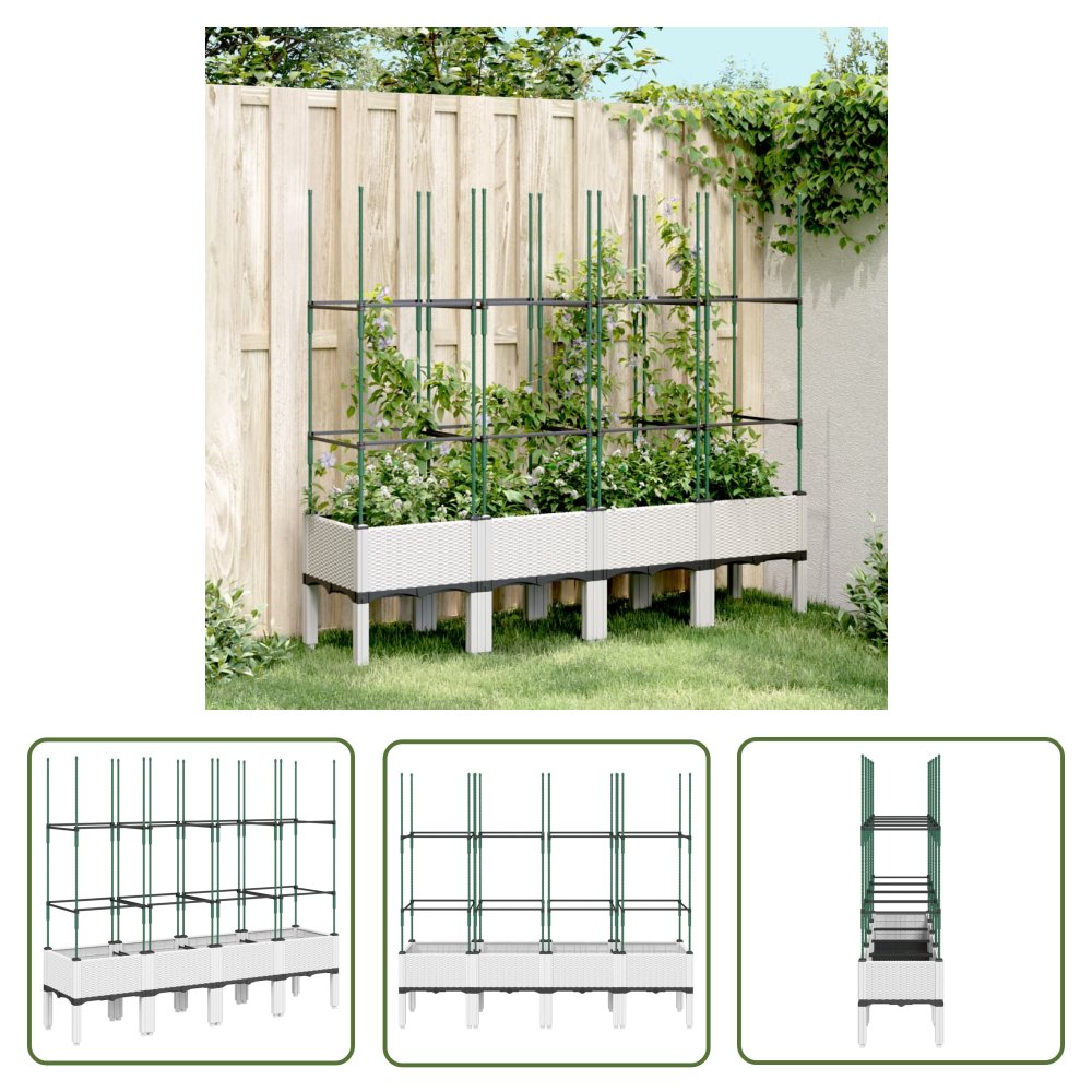 The Living Store Donica ogrodowa z kratką - biała - 160x40x142 -5 cm - PP - Skrzynia Na Rośliny