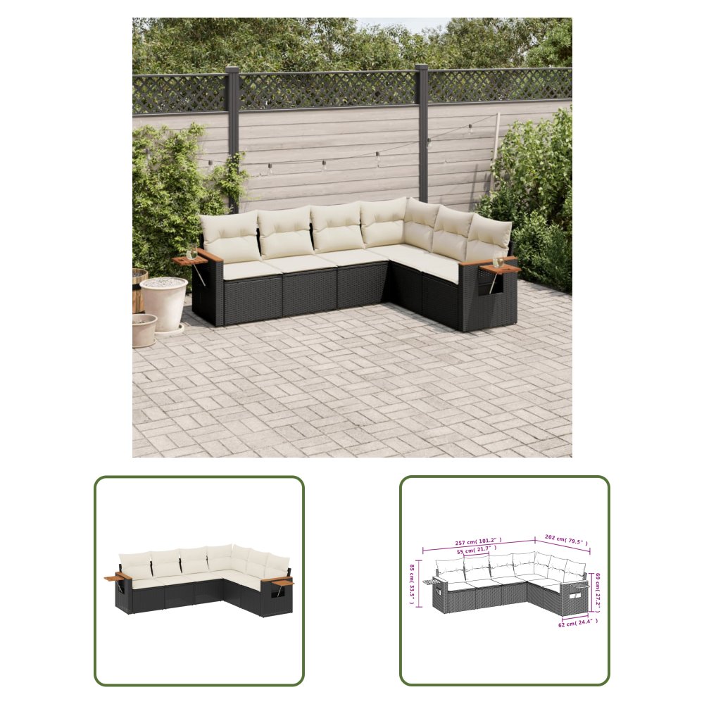 The Living Store 6-cz. zestaw mebli ogrodowych z poduszkami - czarny polirattan - Sofa Ogrodowa