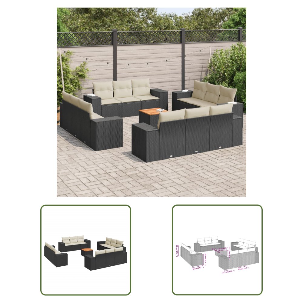 The Living Store 13-cz. zestaw mebli do ogrodu - poduszki - czarny - rattan PE - Sofa Ogrodowa