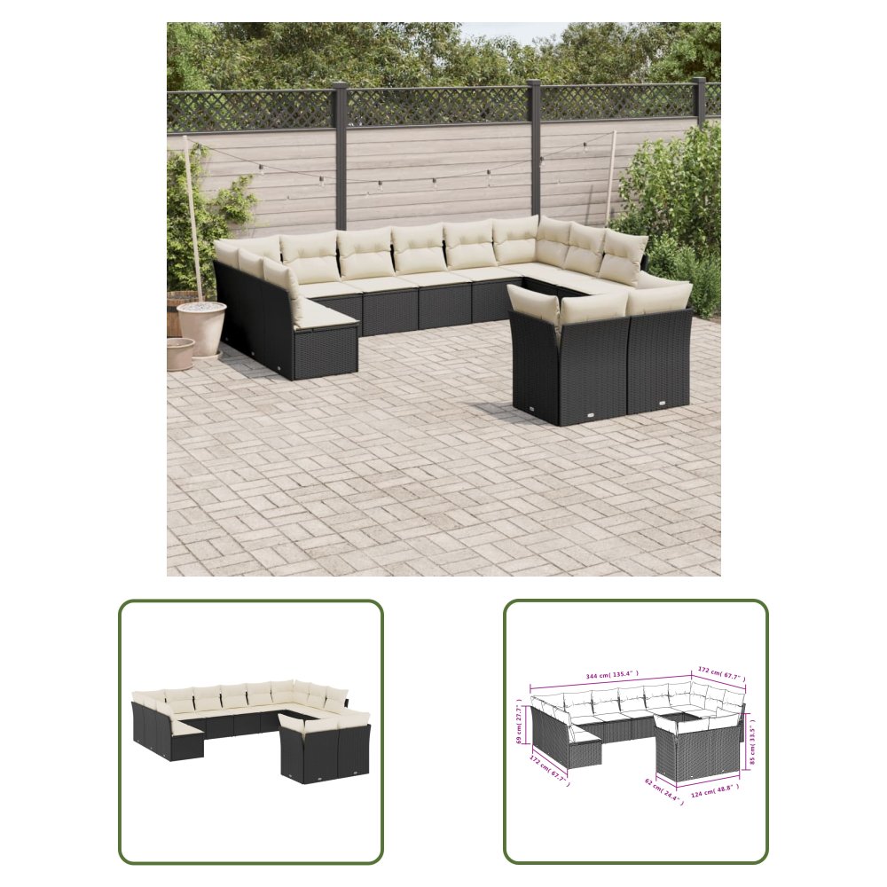 The Living Store 12-cz. zestaw mebli do ogrodu - z poduszkami - czarny - polirattan - Sofa Ogrodowa