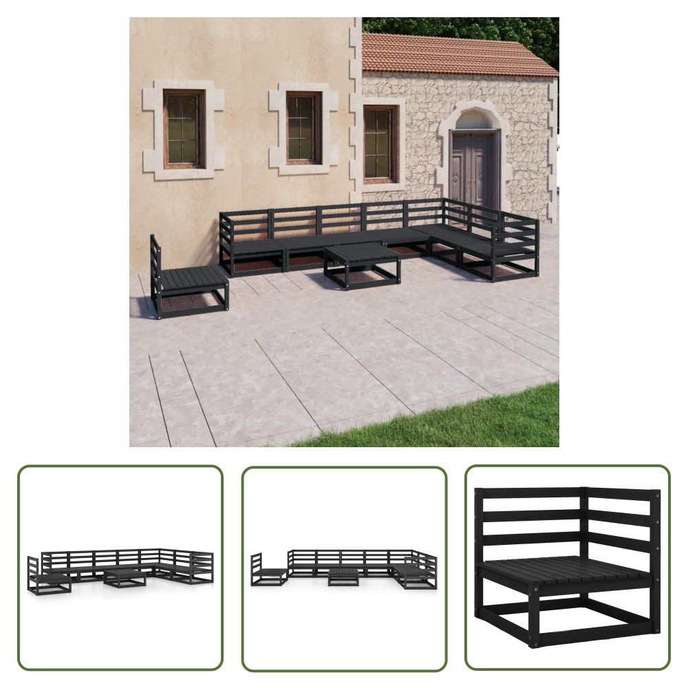 The Living Store 9-cz. zestaw wypoczynkowy do ogrodu - czarny - drewno sosnowe - Zestaw Wypoczynkowy Do Ogrodu