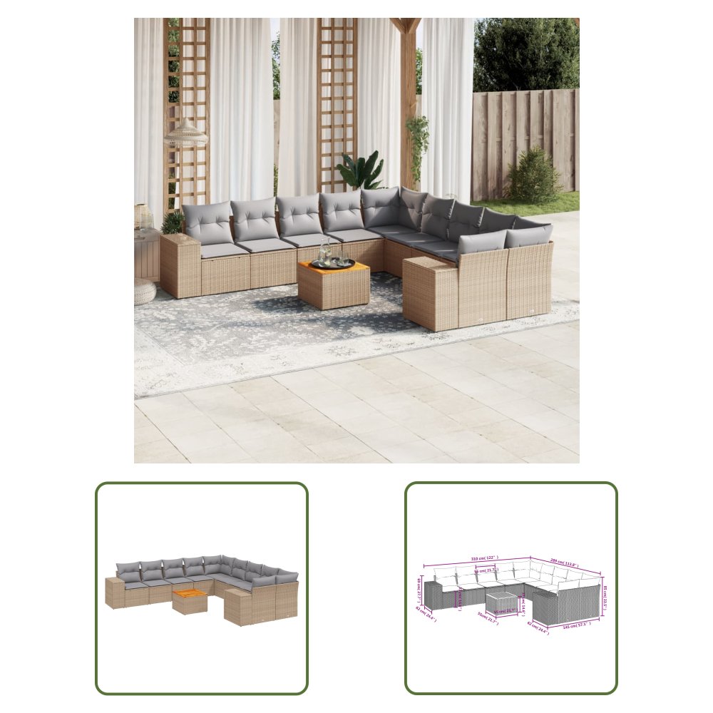 The Living Store 11-cz. zestaw mebli ogrodowych z poduszkami - beżowy - polirattan - Sofa Ogrodowa