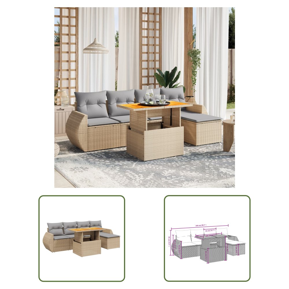 The Living Store 6-cz. zestaw mebli ogrodowych z poduszkami - beżowy - polirattan - Sofa Ogrodowa