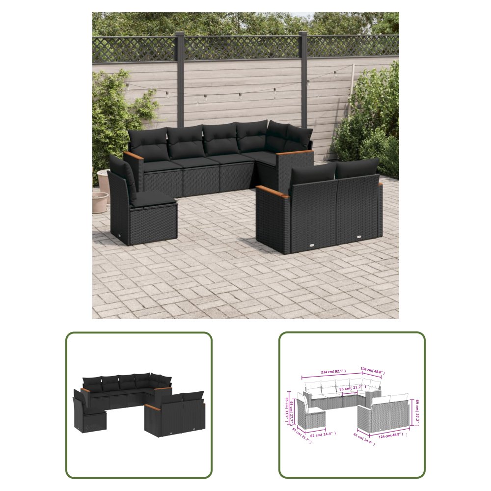 The Living Store 8-cz. zestaw wypoczynkowy do ogrodu - z poduszkami - czarny - Sofa Ogrodowa