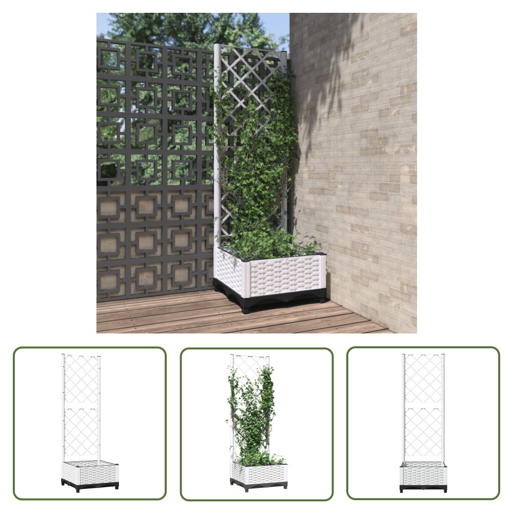 The Living Store Donica ogrodowa z kratką - biała - 40x40x121 -5 cm - PP - Donica Ogrodowa