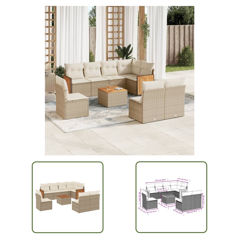 The Living Store 9-cz. zestaw mebli ogrodowych z poduszkami - beżowy - polirattan - Sofa Ogrodowa