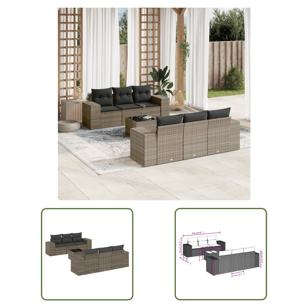 The Living Store 7-cz. zestaw wypoczynkowy do ogrodu - z poduszkami - szary - Sofa Ogrodowa
