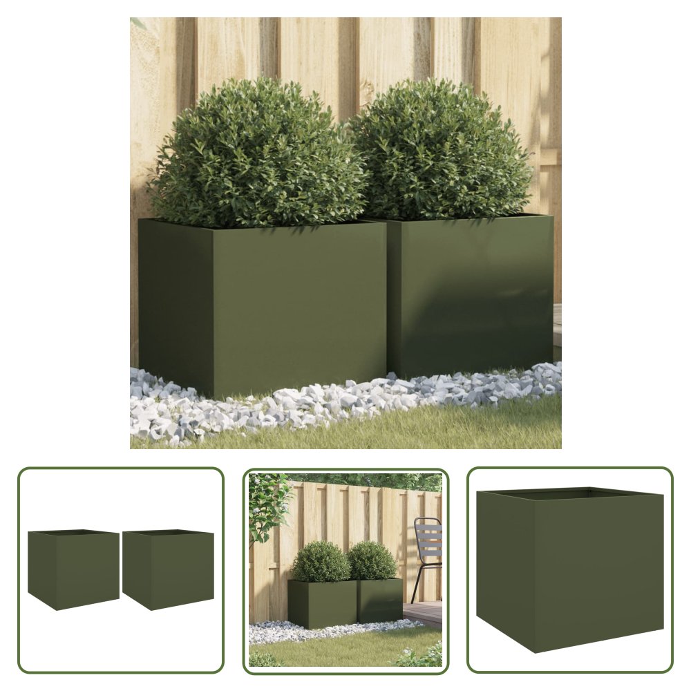 The Living Store Donice - 2 szt. - oliwkowa - 42x40x39 cm - stal - Doniczka