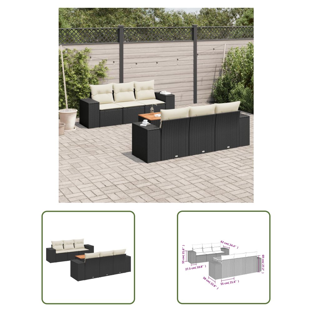 The Living Store 7-cz. zestaw wypoczynkowy do ogrodu - z poduszkami - czarny - Sofa Ogrodowa