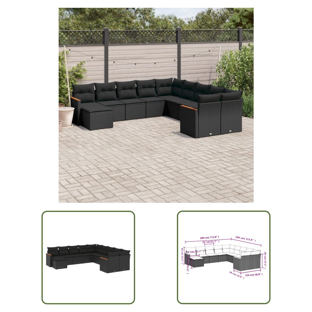 The Living Store 11-cz. zestaw wypoczynkowy do ogrodu - poduszki czarny rattan PE - Sofa Ogrodowa