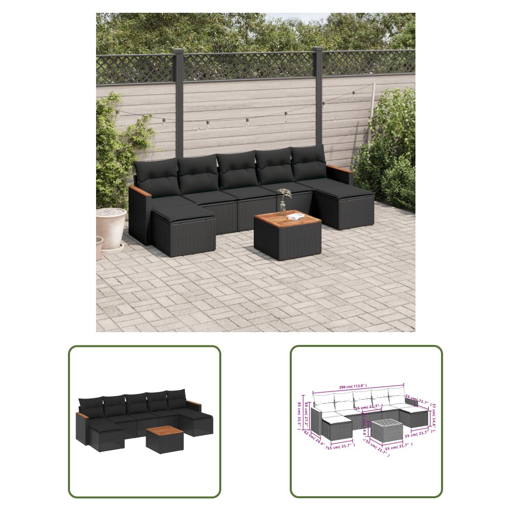 The Living Store 8-cz. zestaw wypoczynkowy do ogrodu - z poduszkami - czarny - Sofa Ogrodowa