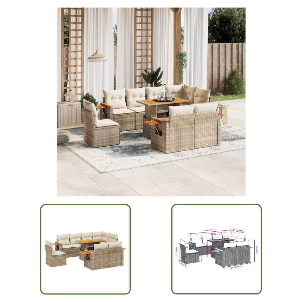 The Living Store 9-cz. zestaw mebli ogrodowych z poduszkami - beżowy - polirattan - Sofa Ogrodowa