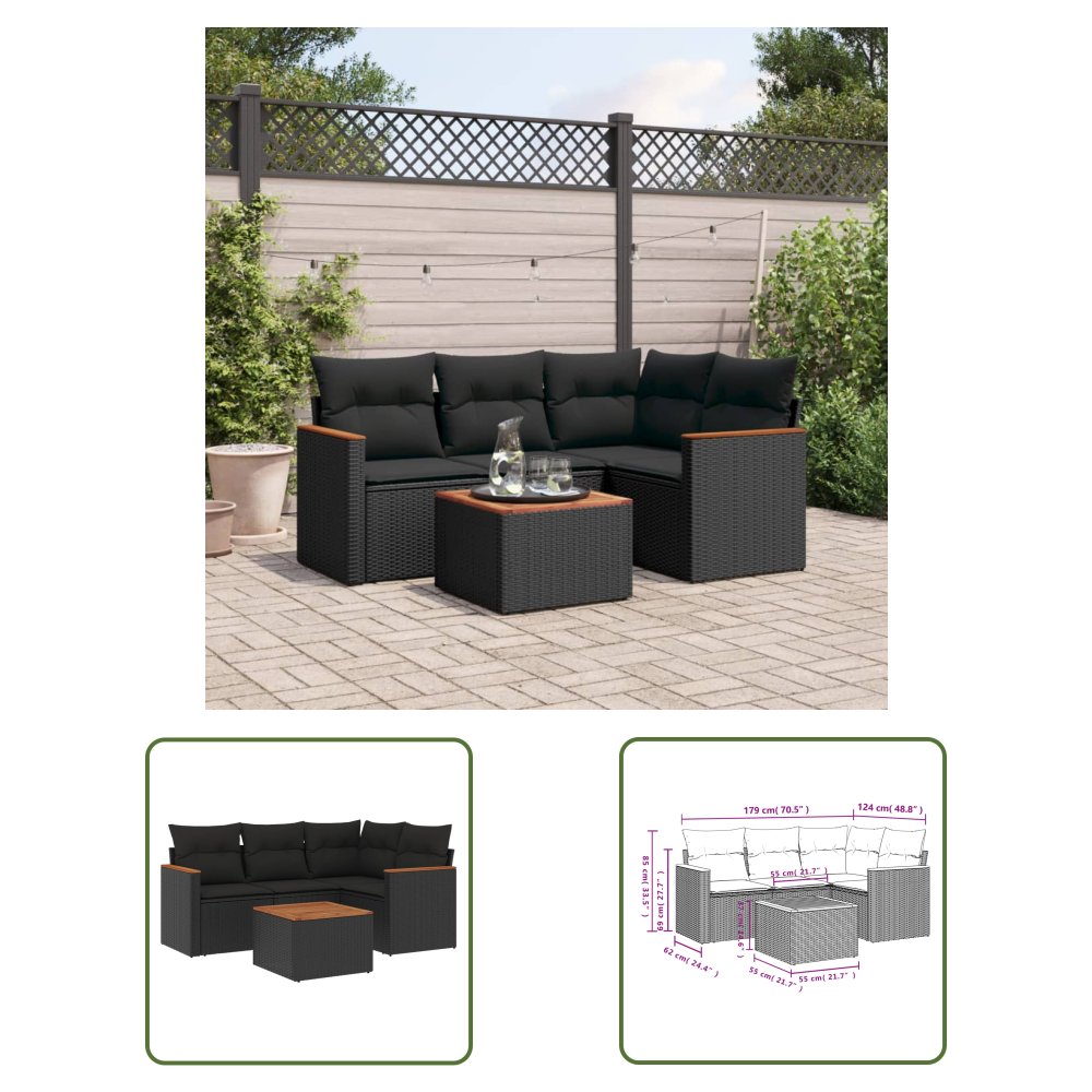 The Living Store 5-cz. zestaw wypoczynkowy do ogrodu - poduszki - czarny rattan PE - Sofa Ogrodowa