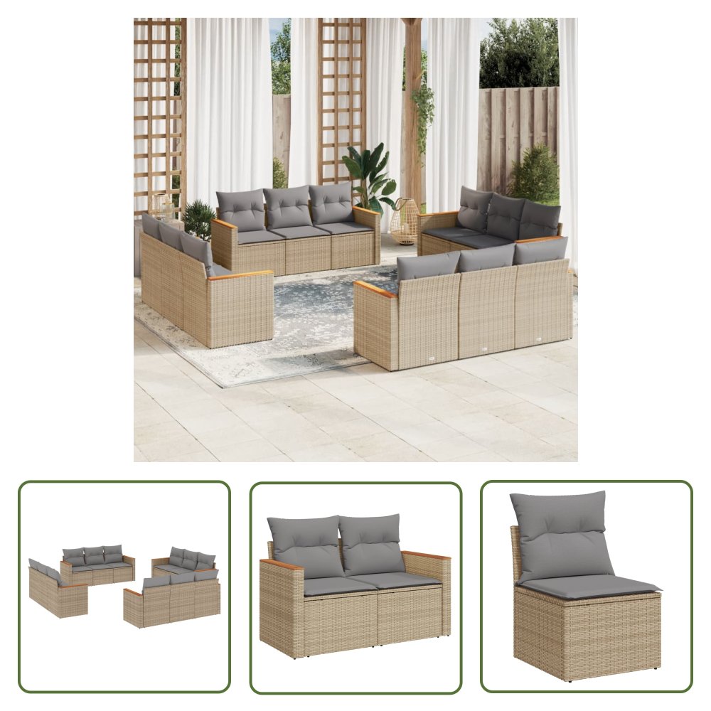 The Living Store 12-cz. zestaw mebli ogrodowych z poduszkami - mieszany beż - Sofa Ogrodowa