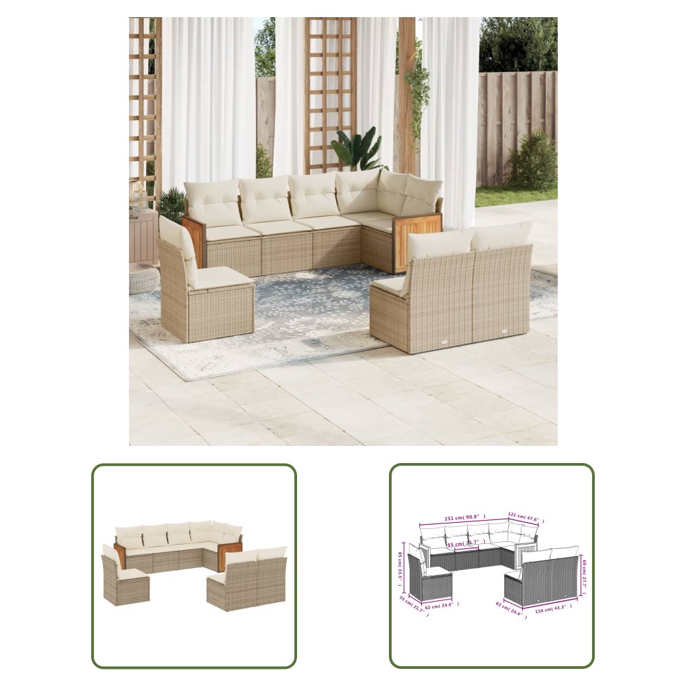 The Living Store 8-cz. zestaw mebli ogrodowych z poduszkami - beżowy - polirattan - Sofa Ogrodowa