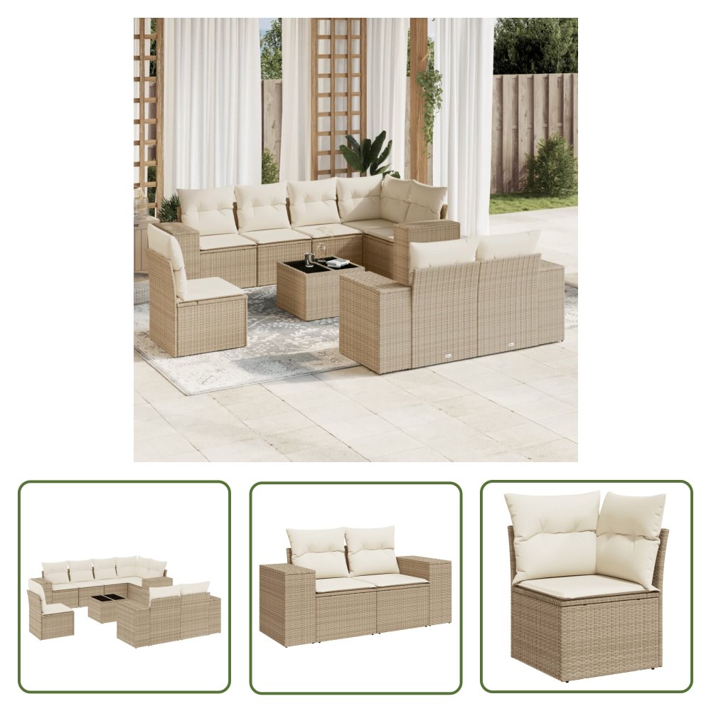 The Living Store 9-cz. zestaw mebli ogrodowych z poduszkami - beżowy - polirattan - Sofa Ogrodowa
