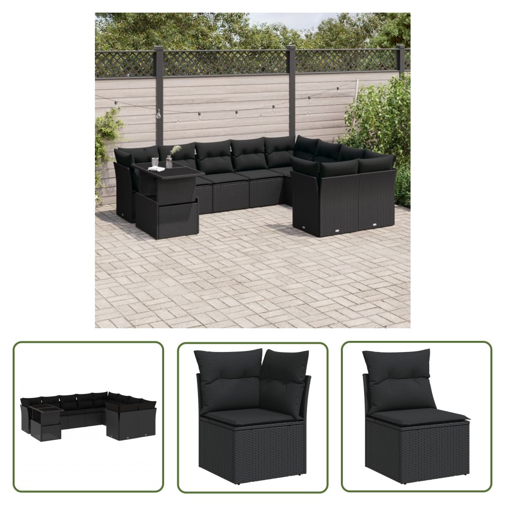 The Living Store 10-cz. zestaw wypoczynkowy do ogrodu - z poduszkami - czarny - Sofa Ogrodowa