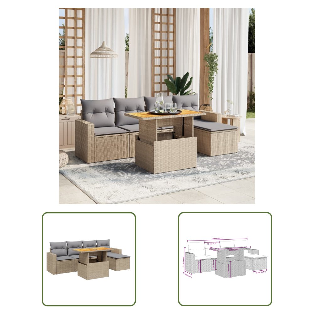 The Living Store 6-cz. zestaw mebli ogrodowych z poduszkami - beżowy - polirattan - Sofa Ogrodowa