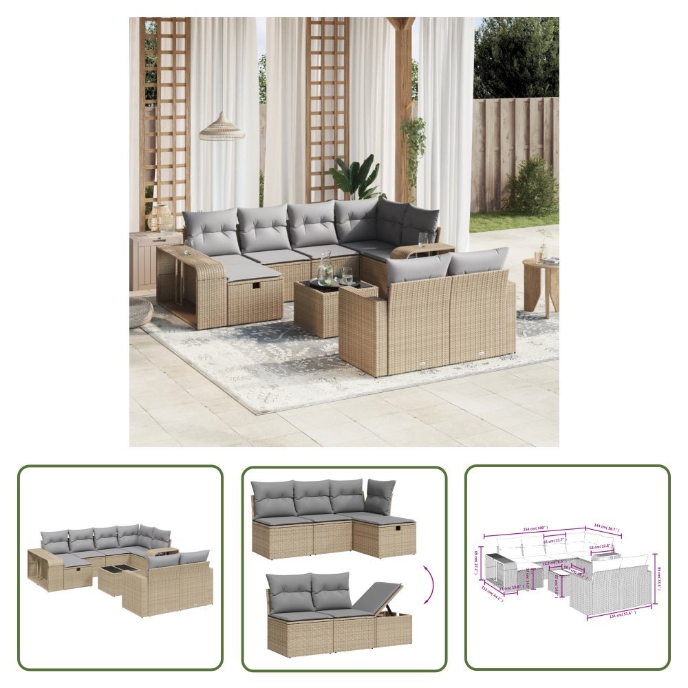 The Living Store 11-cz. zestaw mebli ogrodowych z poduszkami - beżowy - polirattan - Sofa Ogrodowa