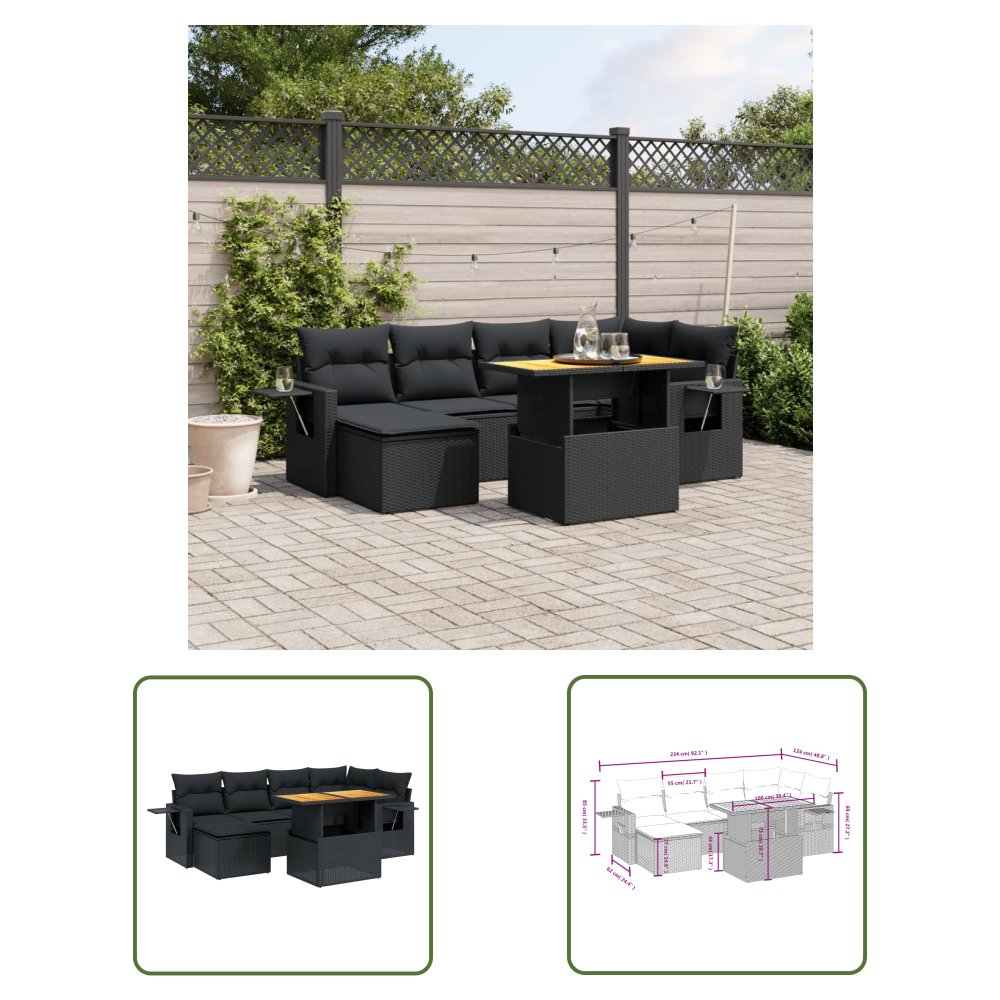 The Living Store 7-cz. zestaw wypoczynkowy do ogrodu - z poduszkami - czarny - Sofa Ogrodowa