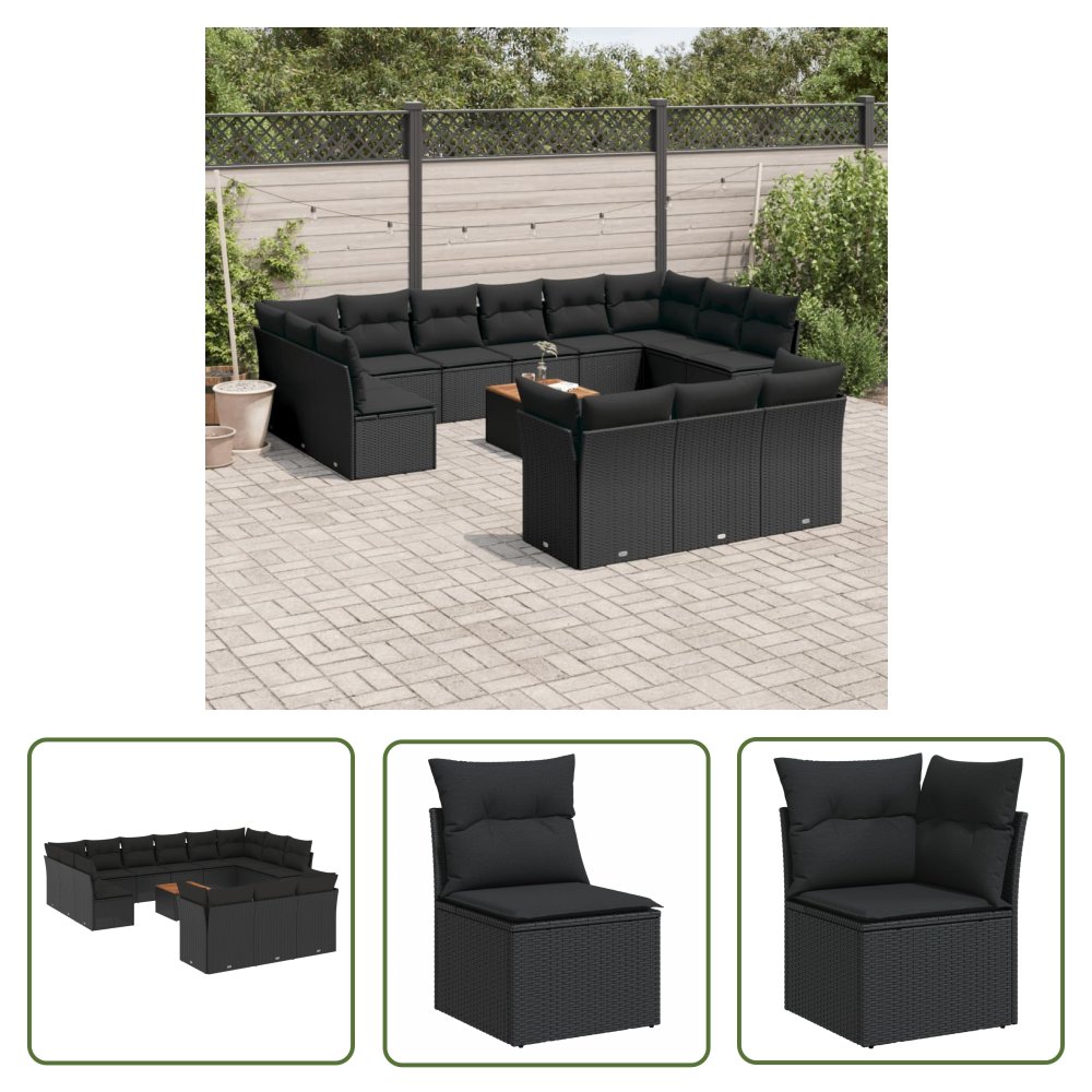 The Living Store 14-cz. zestaw wypoczynkowy do ogrodu - poduszki czarny rattan PE - Sofa Ogrodowa