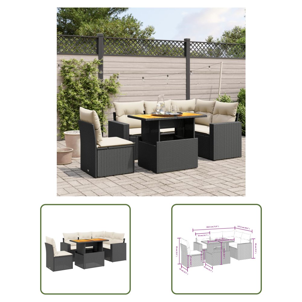 The Living Store 6-cz. zestaw mebli ogrodowych z poduszkami - czarny polirattan - Sofa Ogrodowa
