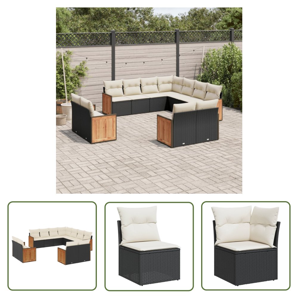 The Living Store 11-cz. zestaw wypoczynkowy do ogrodu - poduszki czarny rattan PE - Sofa Ogrodowa