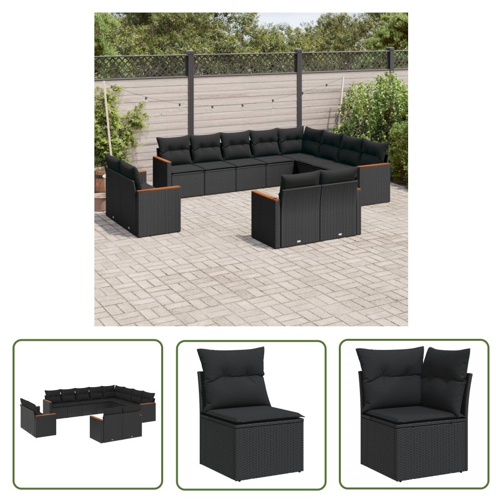 The Living Store 12-cz. zestaw mebli do ogrodu - z poduszkami - czarny - polirattan - Sofa Ogrodowa