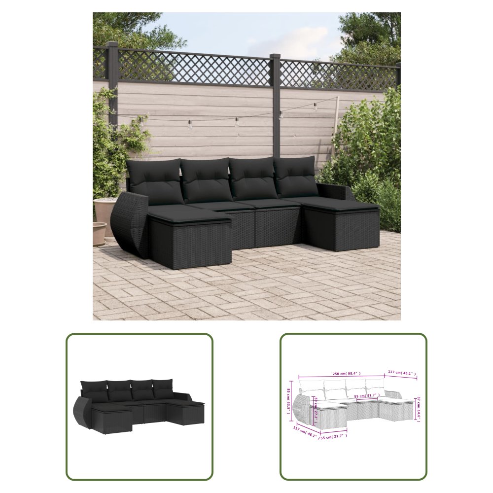 The Living Store 6-cz. zestaw mebli ogrodowych z poduszkami - czarny polirattan - Sofa Ogrodowa